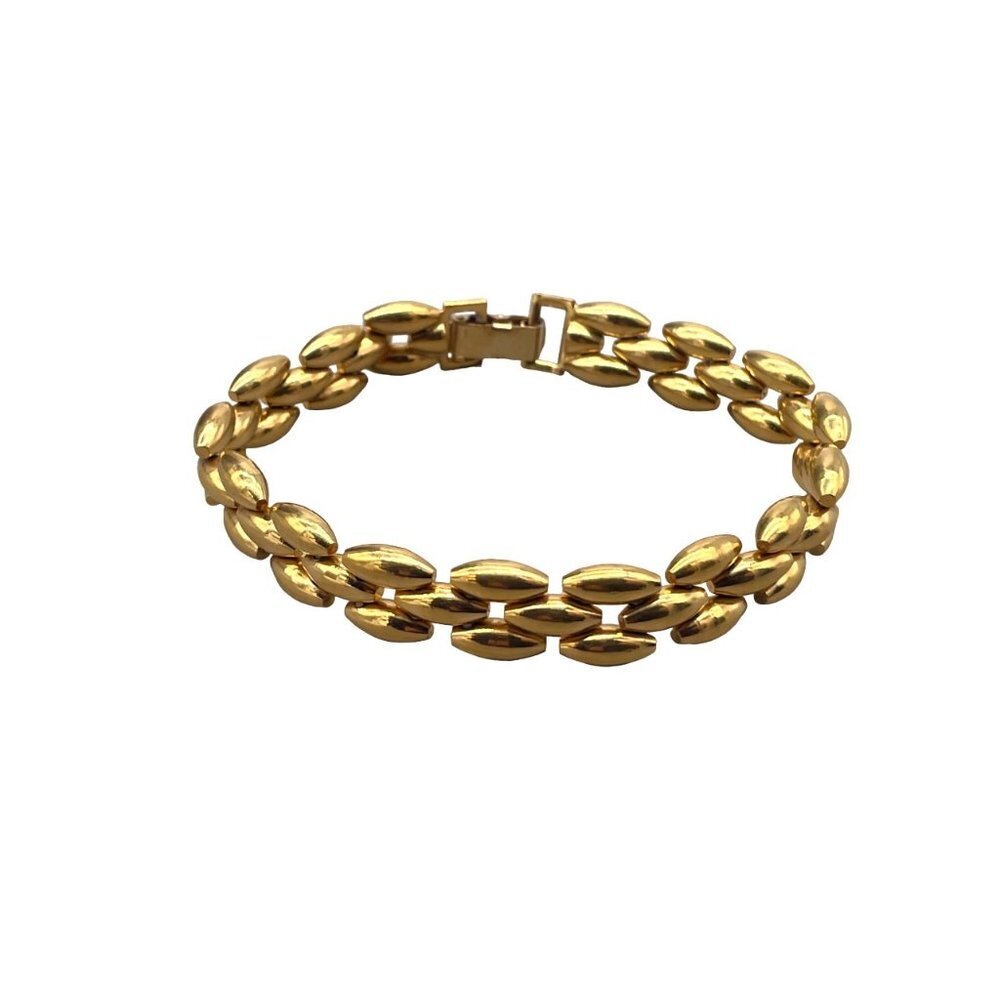 Rice Beads Chunky Bangle Bracelet Gold Tone Fold Over Closure